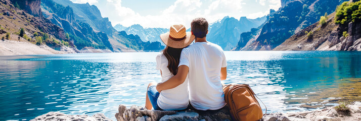 The travel, tourism, vacation, and holidays concept depicted. Young couple tourists with backpacks sit on the rock, marveling at the magnificent view of the mountains and a lake from behind, banner.
