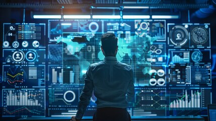 The image depicts big data analytics intertwined with AI technology. A data analyst is seen analyzing 