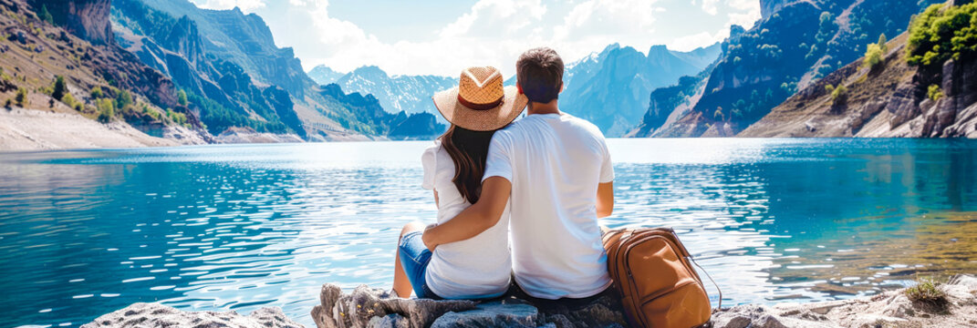 The travel, tourism, vacation, and holidays concept depicted. Young couple tourists with backpacks sit on the rock, marveling at the magnificent view of the mountains and a lake from behind, banner.