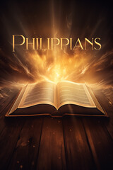 Book of Philippians. Open glowing Bible set on wood. Rays of golden light emanating from the book. Ideal for bible studies, religious meetings, intros, and much more. Vertical with copy space.