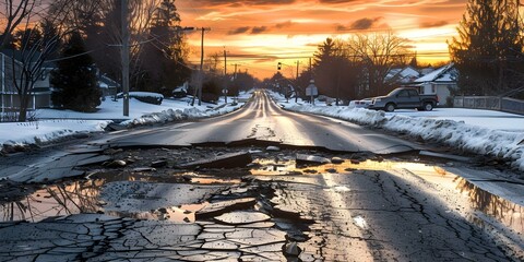 Twilight Scene on a Pothole-Ridden Street with a Cracked Road and a Nearby Car. Concept Twilight Photography, Urban Decay, Pothole Aesthetics, Cracked Road, Abandoned Car