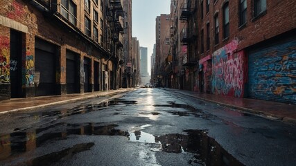 Deserted urban street glistens with reflections from puddles after recent rain. Buildings, adorned with colorful graffiti, cast shadows that dance across wet asphalt. In distance.