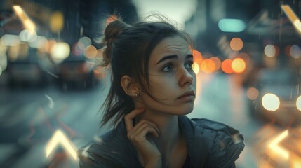 Young woman thinking, arrows with different direction and choice realistic