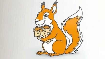 Fototapeta premium A photo of a squirrel carrying a baby squirrel on its back and another squirrel on its own back