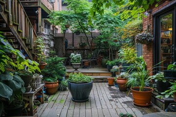 Cozy urban garden with potted plants and wooden deck, serene space in the city