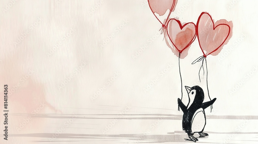 Poster   Penguin holding heart-shaped balloons on hind legs