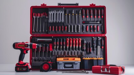An organized red tool kit with drill, wrenches, and screwdrivers clearly displayed on gray background