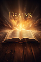 Book of Psalms. Open glowing Bible set on wood. Rays of golden light emanating from the book. Ideal for bible studies, religious meetings, intros, and much more. Vertical with copy space.