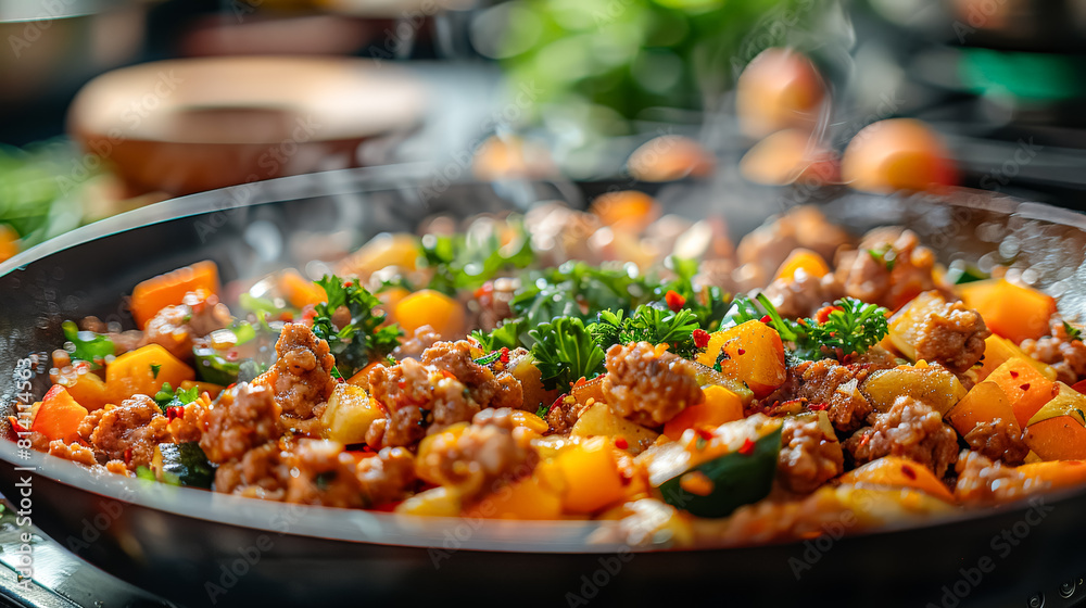 Wall mural A white bowl filled with a colorful salad of meat, vegetables, and spices. The bowl is placed on a countertop with a green apple nearby. Concept of freshness and healthiness