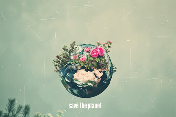 Evocative Earth with Flowers and Text to Inspire Conservation. Generative AI image