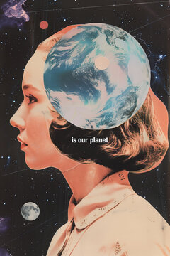This digital artwork features a side profile of a woman with an overlay of Earth replacing her head, set against a cosmic background, created using generative AI