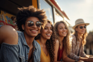 Diverse Friends Enjoying Time at a Food Truck Festival. Generative AI image