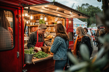 Bustling food truck serving customers at a festival. Generative AI image