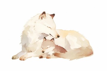 An illustration of mother and baby wolf in watercolor style