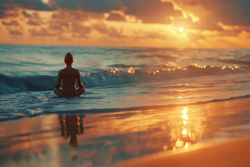 A beautiful sea or ocean view with a orange sunset, and a woman meditating in a lotus position, themes of relaxation, chill, and destress.