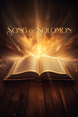Book of Song of Solomon. Open glowing Bible set on wood. Rays of golden light emanating from the book. Ideal for bible studies, religious meetings, intros, and much more. Vertical with copy space.
