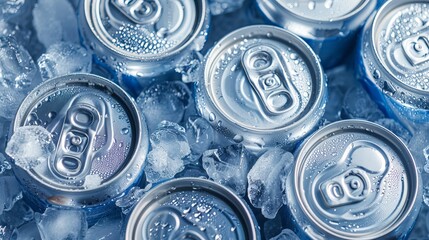 A cluster of aluminum cans nestled in ice, portraying a refreshing cold drink. Viewed from above