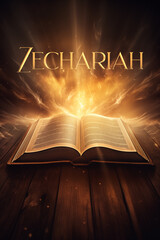 Book of Zechariah. Open glowing Bible set on wood. Rays of golden light emanating from the book. Ideal for bible studies, religious meetings, intros, and much more. Vertical with copy space.