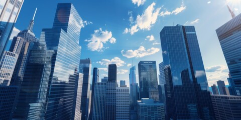 Obraz premium Majestic skyscrapers reaching towards a deep blue sky with clouds, showcasing architectural grandeur