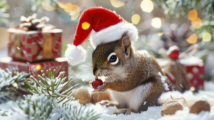 A charming baby squirrel with a red Christmas cap nibbling on a snow-covered acorn surrounded by Santa's gifts