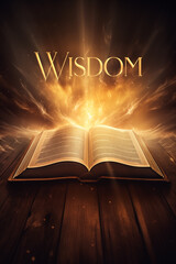 Book of Wisdom. Open glowing Bible set on wood. Rays of golden light emanating from the book. Ideal for bible studies, religious meetings, intros, and much more. Vertical with copy space.