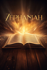 Book of Zephaniah. Open glowing Bible set on wood. Rays of golden light emanating from the book. Ideal for bible studies, religious meetings, intros, and much more. Vertical with copy space.