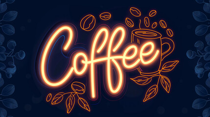 Coffee name board made of very beautiful neon light. A billboard lit up at night.