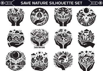 Save Nature Silhouette Vector Illustration Set