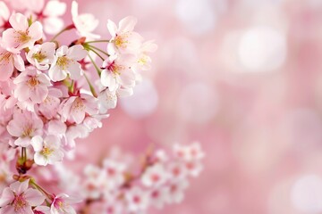 Obraz premium Cherry Blossoms in Full Bloom, Ideal Text Space on a Soft Pink Blurred Background 