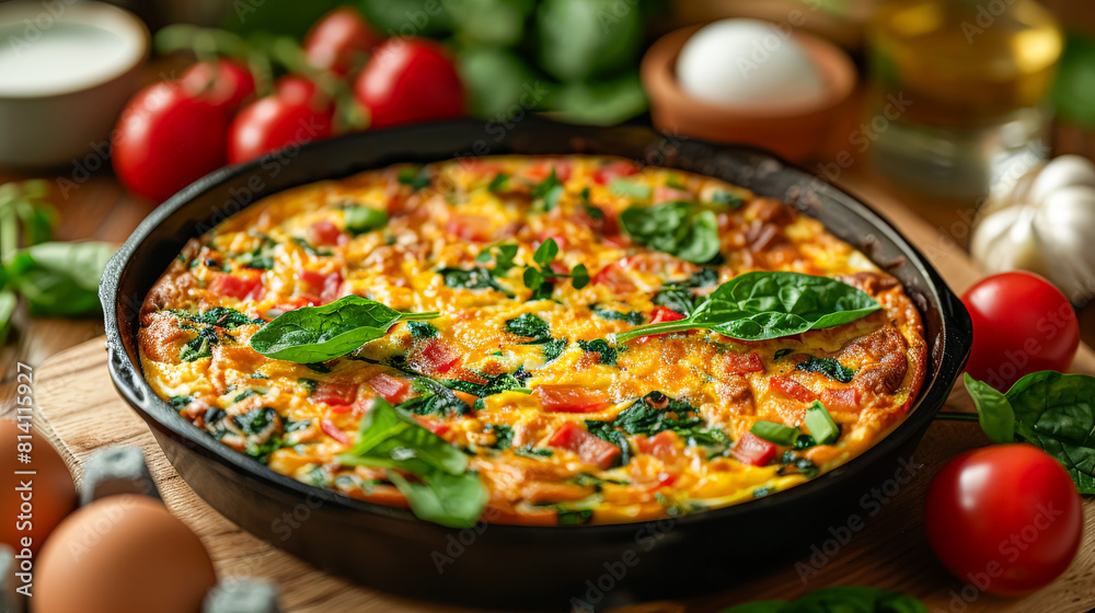 Wall mural A large spinach and tomato quiche sits on a wooden cutting board. The quiche is topped with fresh basil and red peppers. The dish is surrounded by a variety of other foods, including a bowl of eggs