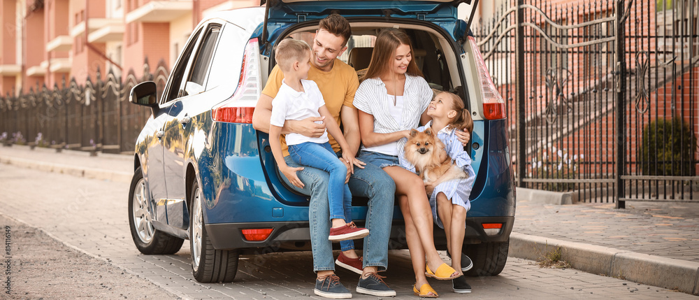 Wall mural happy family near car outdoors