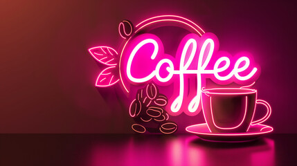 Coffee name board made of very beautiful neon light. A billboard lit up at night.