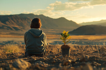 A person sits contemplatively beside a young plant in a pot amidst a vast desert landscape. hope,...