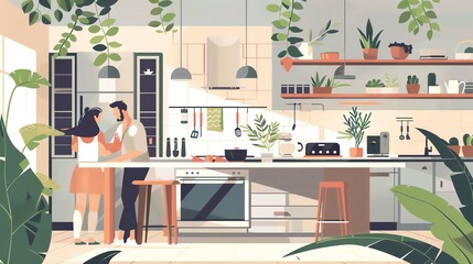 A couple is cooking in a modern kitchen