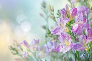 Obraz premium Fragrant Freesias in a Soft Spring Breeze, Ample Text Space on a Breezy Day Blurred Background