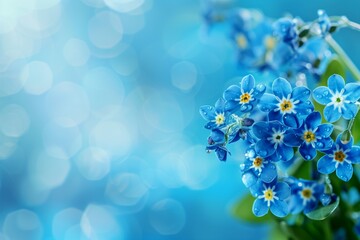 Fresh Blue Forget-me-nots with Morning Dew, Text Space on a Bright Blue Blurred Background