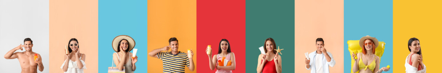 Set of young people with sunscreen cream on color background