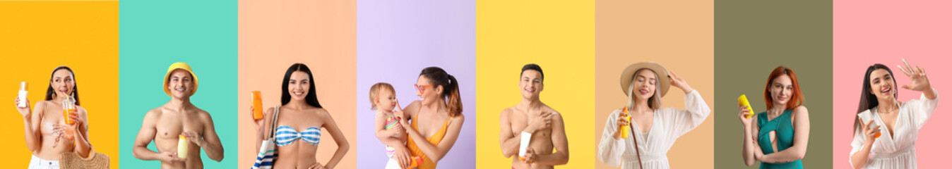 Set of young people with sunscreen cream on color background
