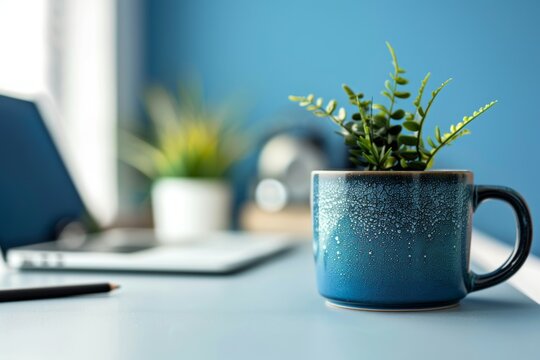 A flower planted in a coffee pot.
A room with plenty of sunlight. blurry computer in the background