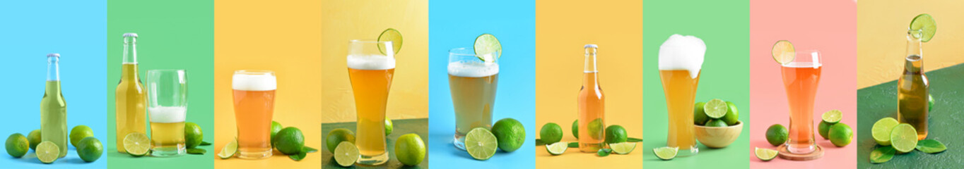 Set of fresh beer with lime on color background