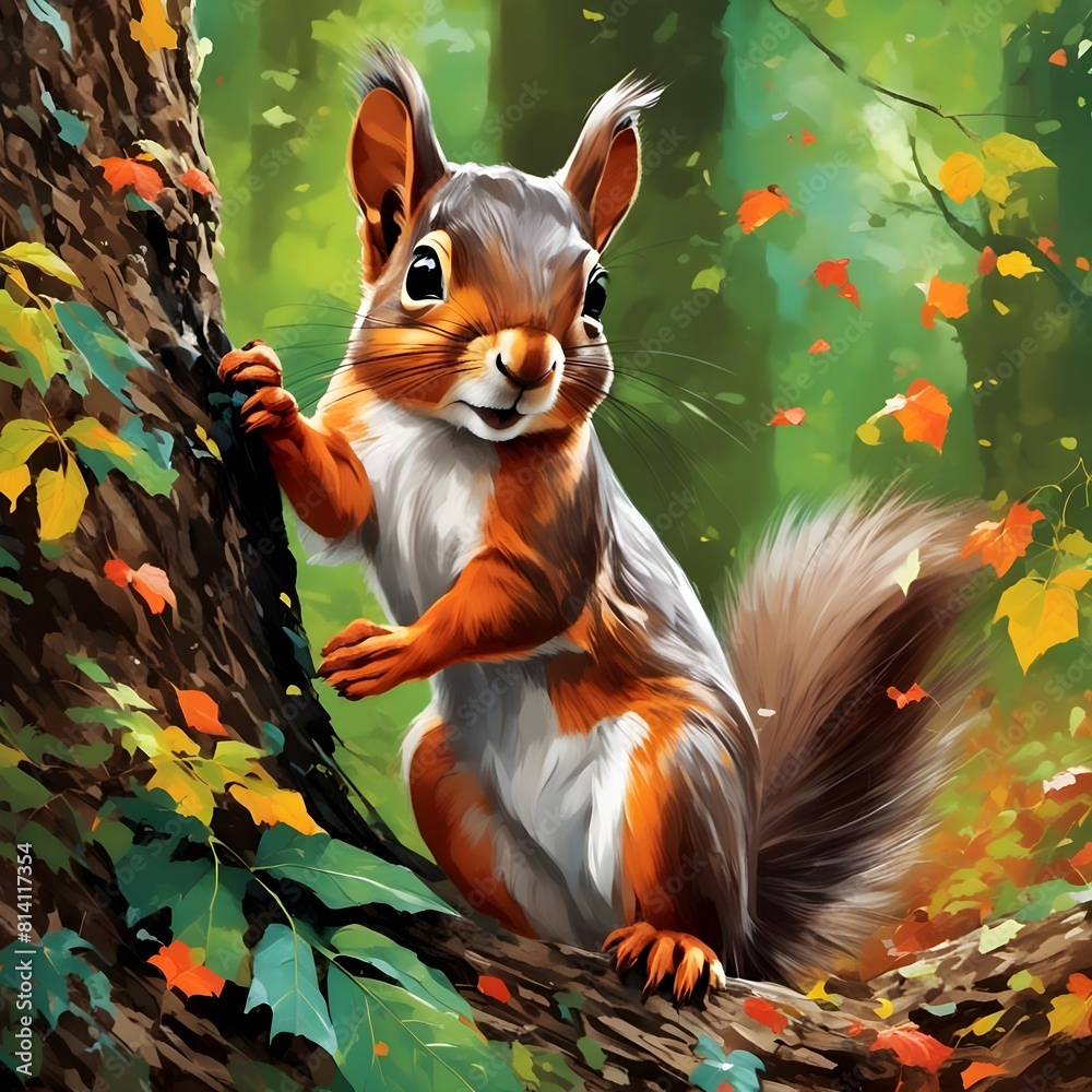 Canvas Prints AI generated illustration of a squirrel looking at a place from a tree