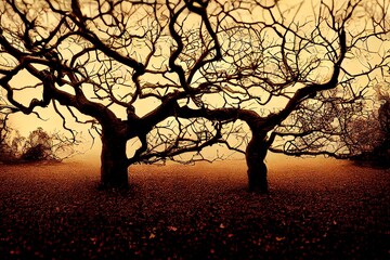 Silhouette of mystical glowing trees against the sun