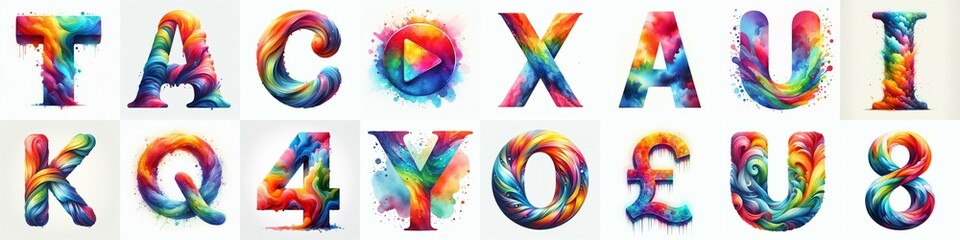 Watercolor bright rainbow colors Lettering Typeface. AI generated illustration