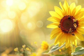 Naklejka premium Golden Sunflower with Bees, Ideal Text Space on a Sunny, Soft-focus Background