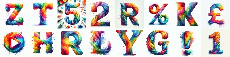 Watercolor bright rainbow colors Lettering Typeface. AI generated illustration