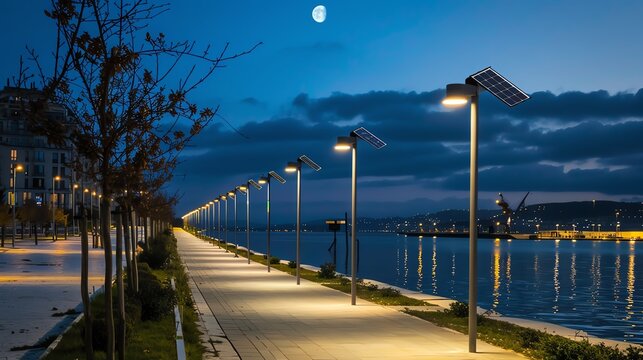 Generate a photo of a modernBin Hai Cheng Shi Ye Jing . The image should be 1920x1080 resolution and should include a large moon in the background.