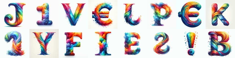 Watercolor bright rainbow colors Lettering Typeface. AI generated illustration