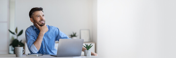 Pensive businessman sitting at workplace in modern office, thinking about new business idea,...