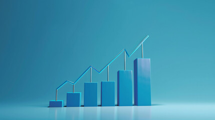 3D bar graph, blue background, signifies growth or success.