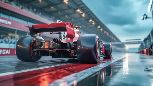 Sleek Red Formula 1 Car on Rainy Racetrack. Car Leaving Pit Lane During Race. Seamless Looping Animation for Determination & Focus.